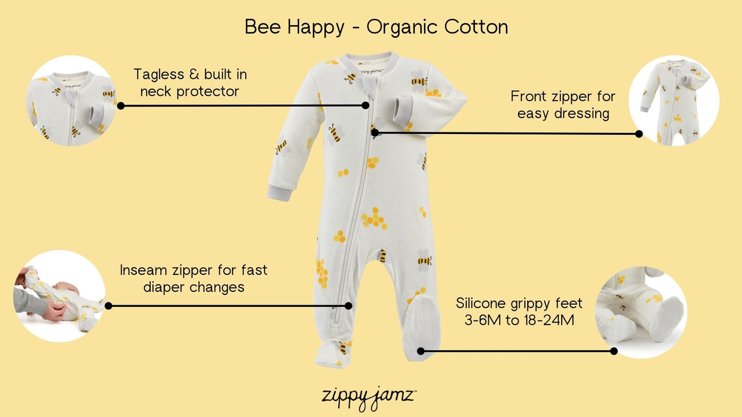 Bee Happy organic cotton ZippyJamz with product features