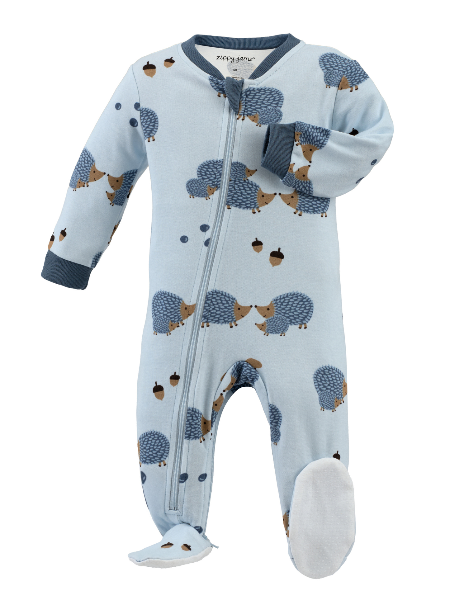 A light blue footed organic cotton baby sleeper with an inseam zipper for easy diaper changes featuring a cute hedgehog print