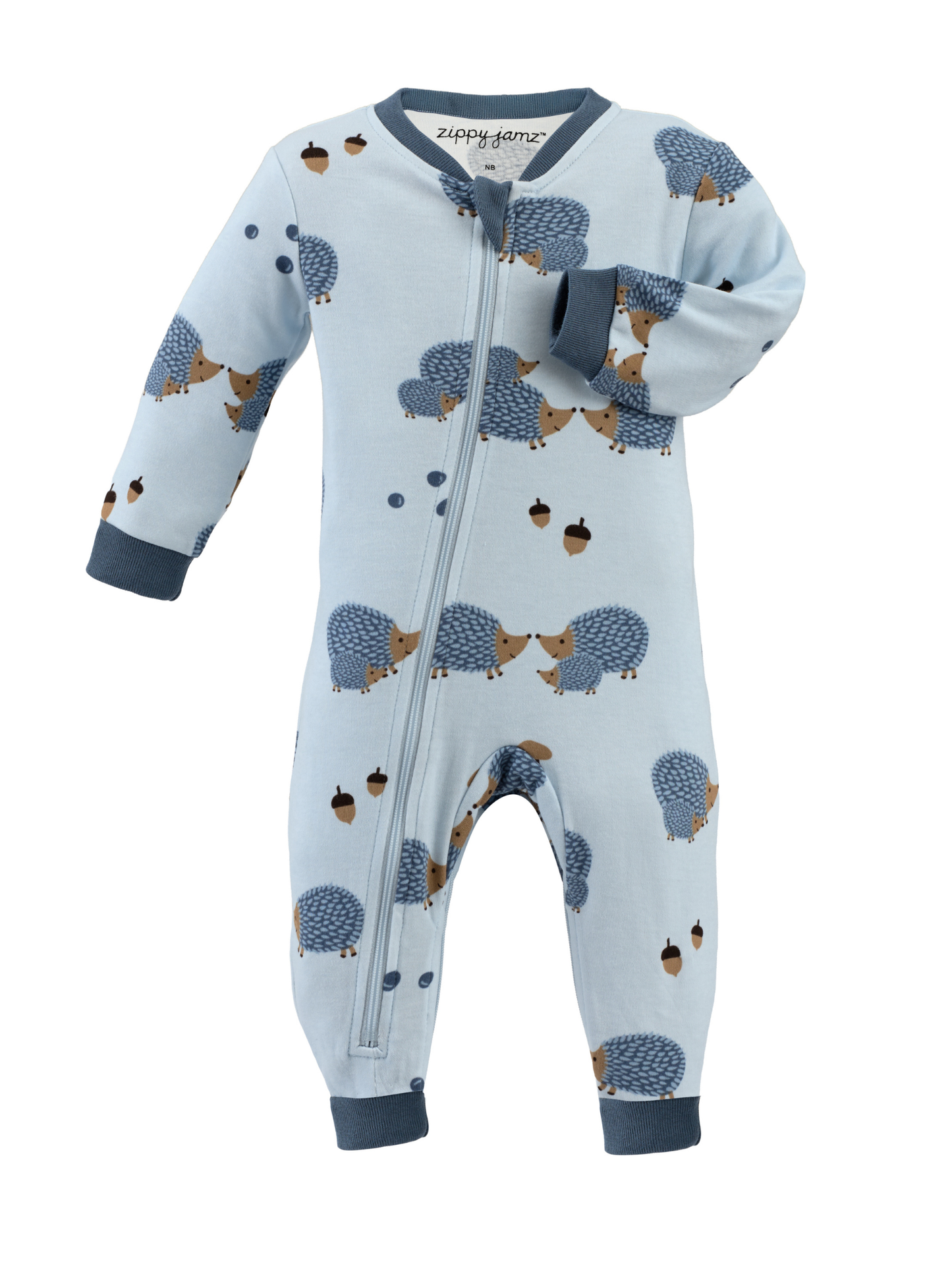 Long sleeved, footless organic cotton ZippyJamz baby sleeper in a light blue colour featuring a hedgehog print