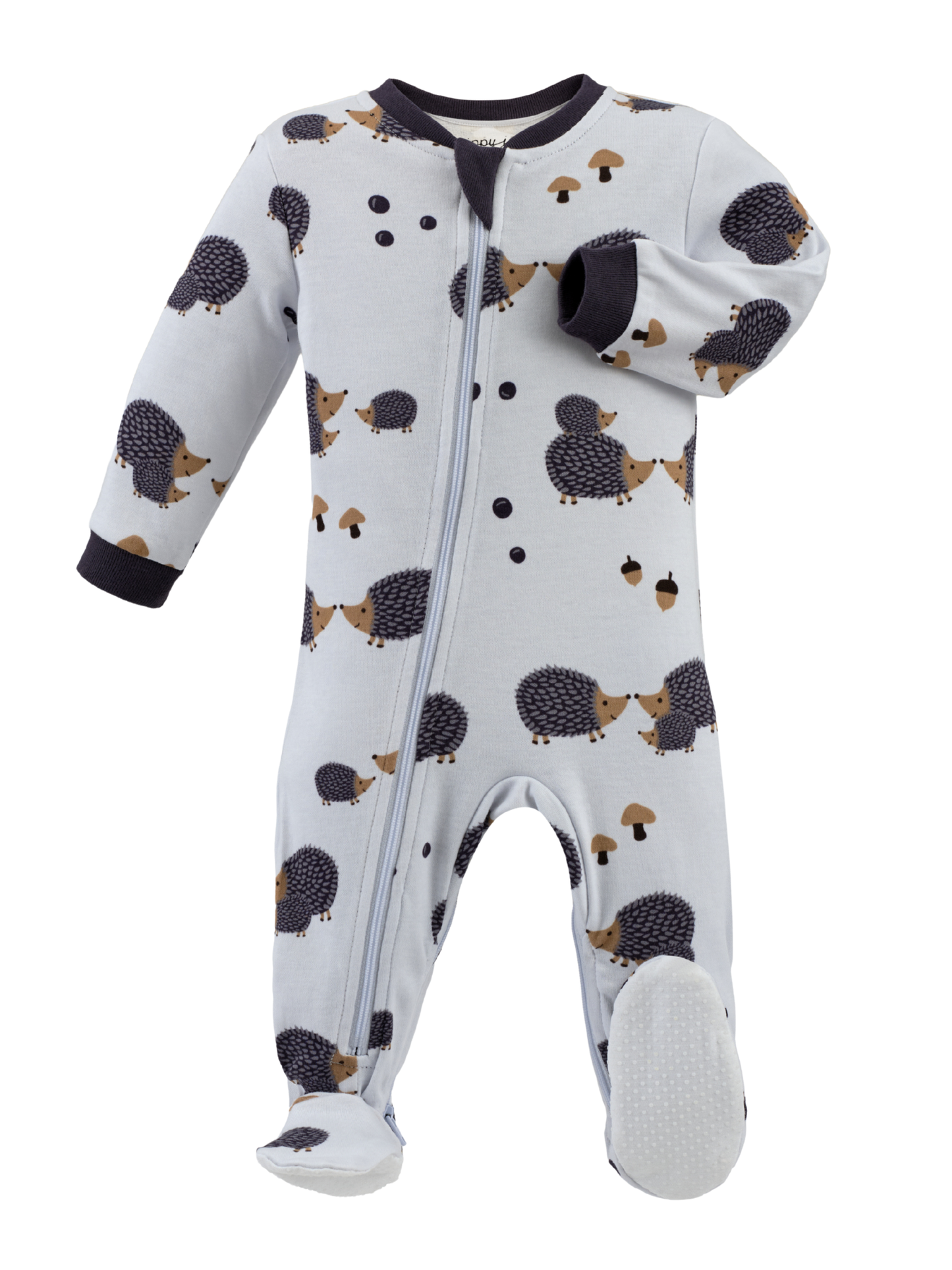 Footed organic cotton long sleeved baby sleeper featuring an inseam zipper for easy diaper changes with a hedgehog print on a light purple backgroun