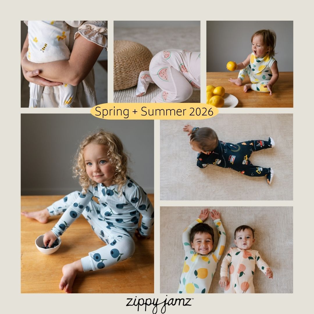 Collage of children wearing ZippyJamz sleepers with 'Spring + Summer 2026' text.
