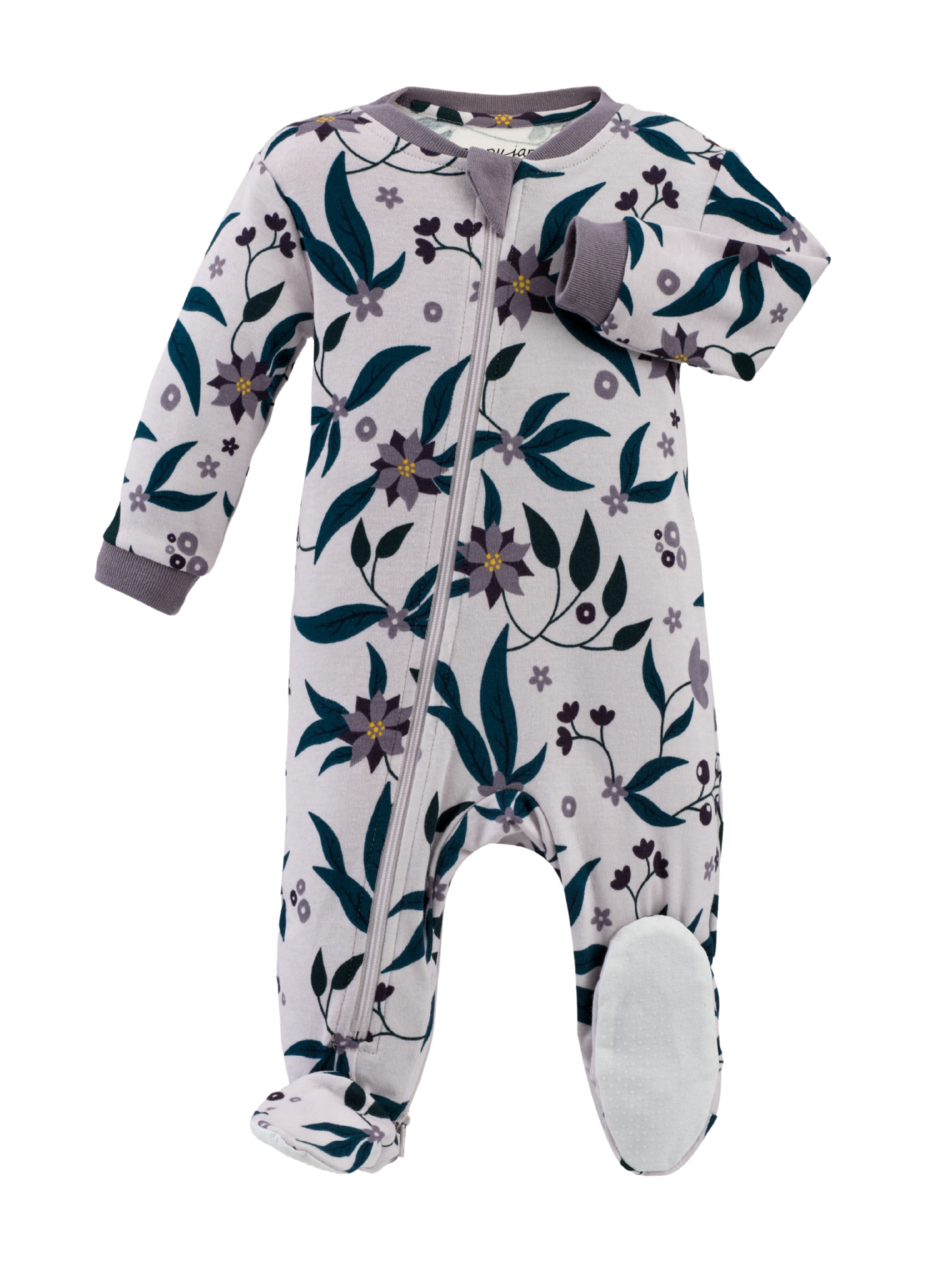 Long sleeved footed organic cotton ZippyJamz baby sleeper with a floral and vine print on a light purple background
