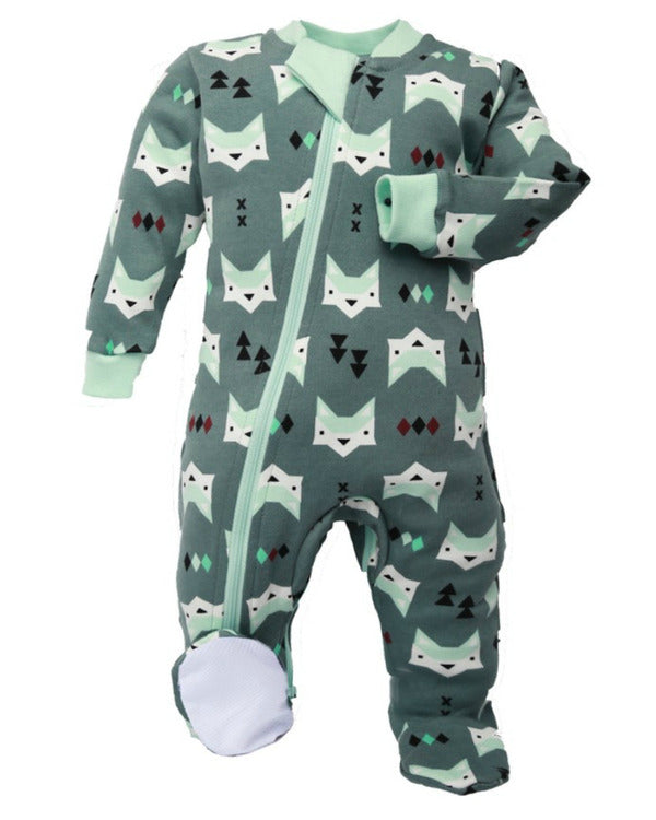 green cotton baby sleeper with fox head and pine tree imagery