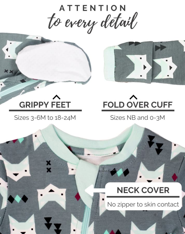 
                  
                    close up photo of grippy feet on underfoot available in sizes 3-6M to 18-24M. Close up of fold over cuff available on newborn and 0-3M sizes. Close up of zipper cover at neckline to illustrate no zipper to skin contact
                  
                