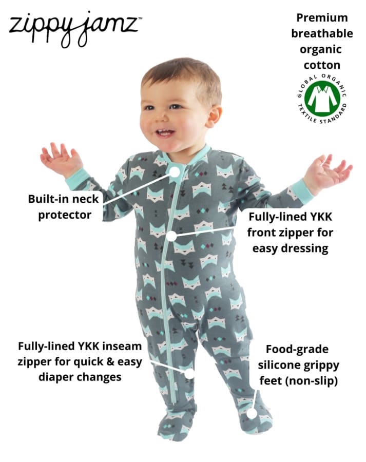 
                  
                    cute light skinned toddler wearing green cotton baby sleeper with fox head and pine tree imagery with text and arrows capturing product highlights
                  
                