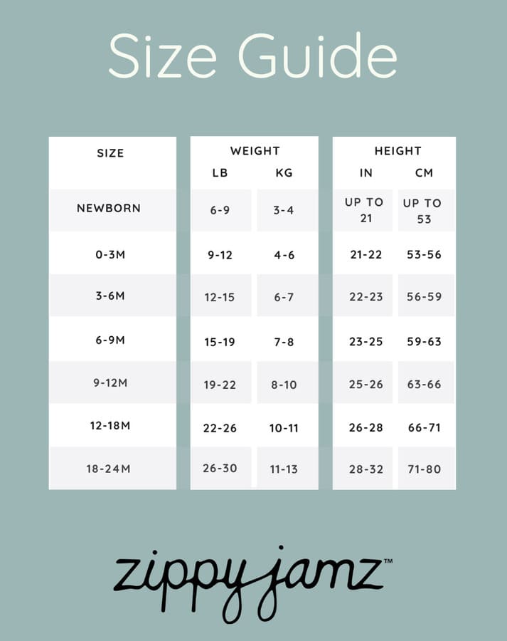 
                  
                    ZippyJamz footed sleeper size guide displaying weight and height ranges for each available size of footed baby sleepers
                  
                
